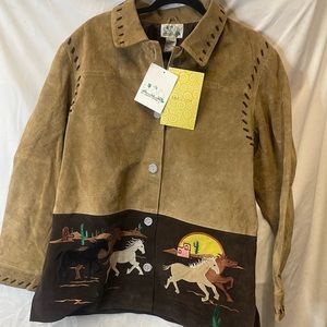 The Quacker Factory Women Lether Long Sleeve Button Up with Western Design-Large